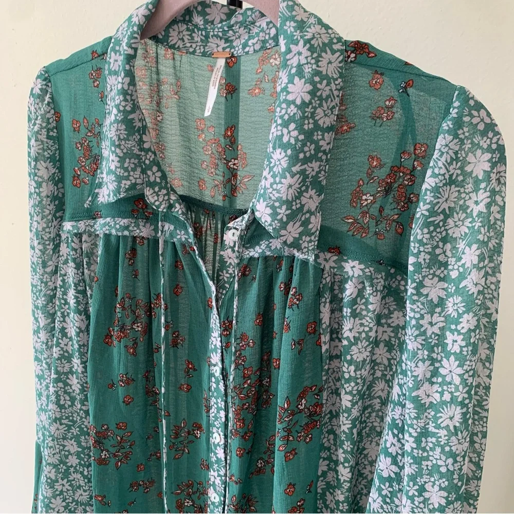 Free People Serena Printed Blouse Emerald Combo Size L